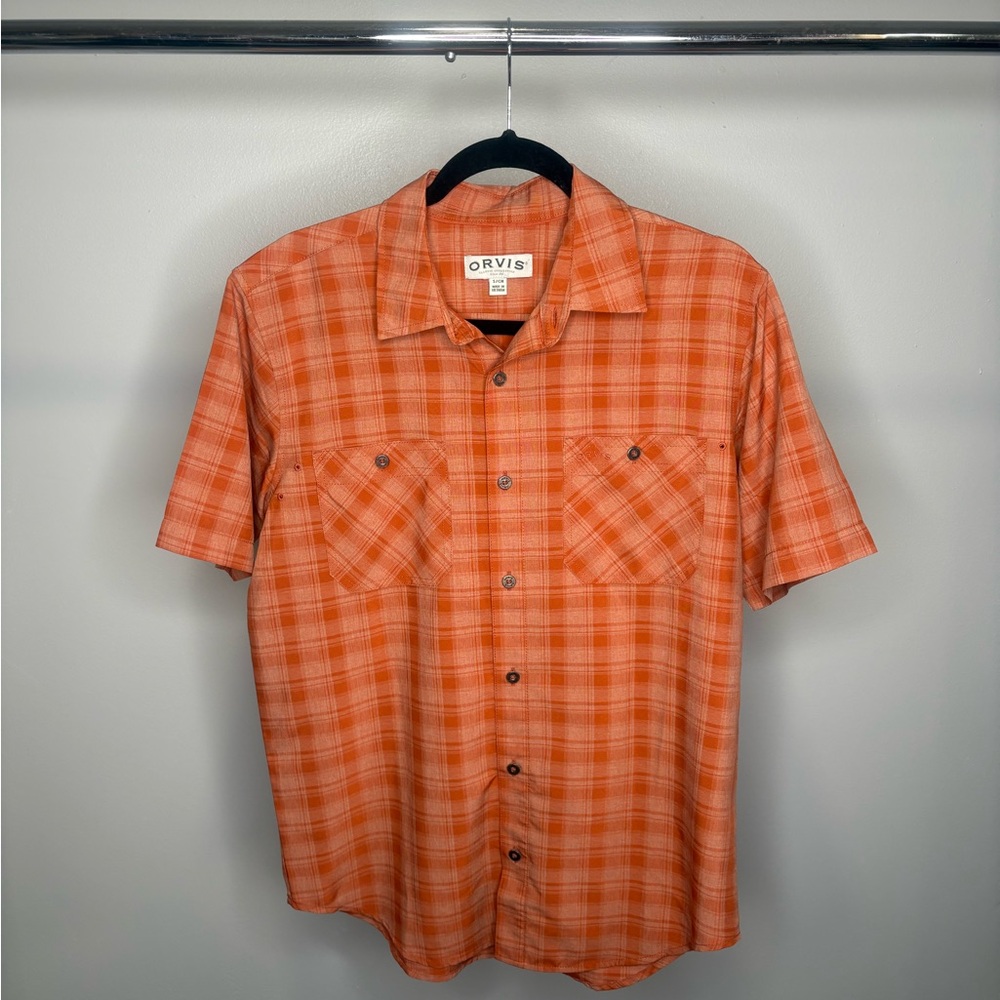 Orvis Men's Casual Orange Checkered Shirt
